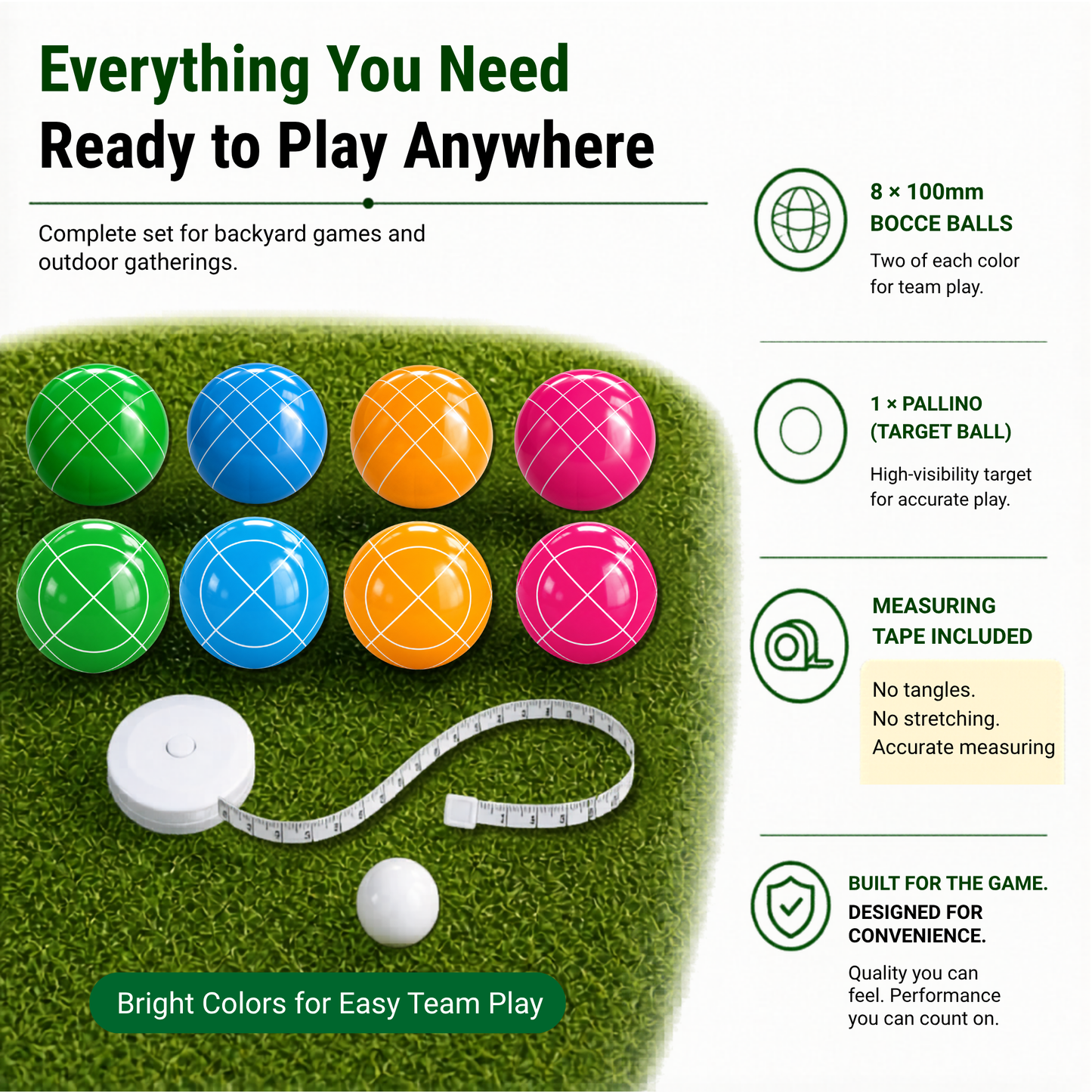 BALAVIC® 100mm Bocce Ball Set – 8 Balls, Pallino, Measuring Tape & Bag